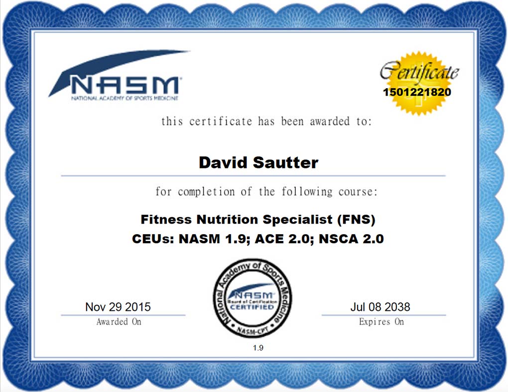 David Sautter's NASM Fitness Nutrition Specialist (FNS) Certificate